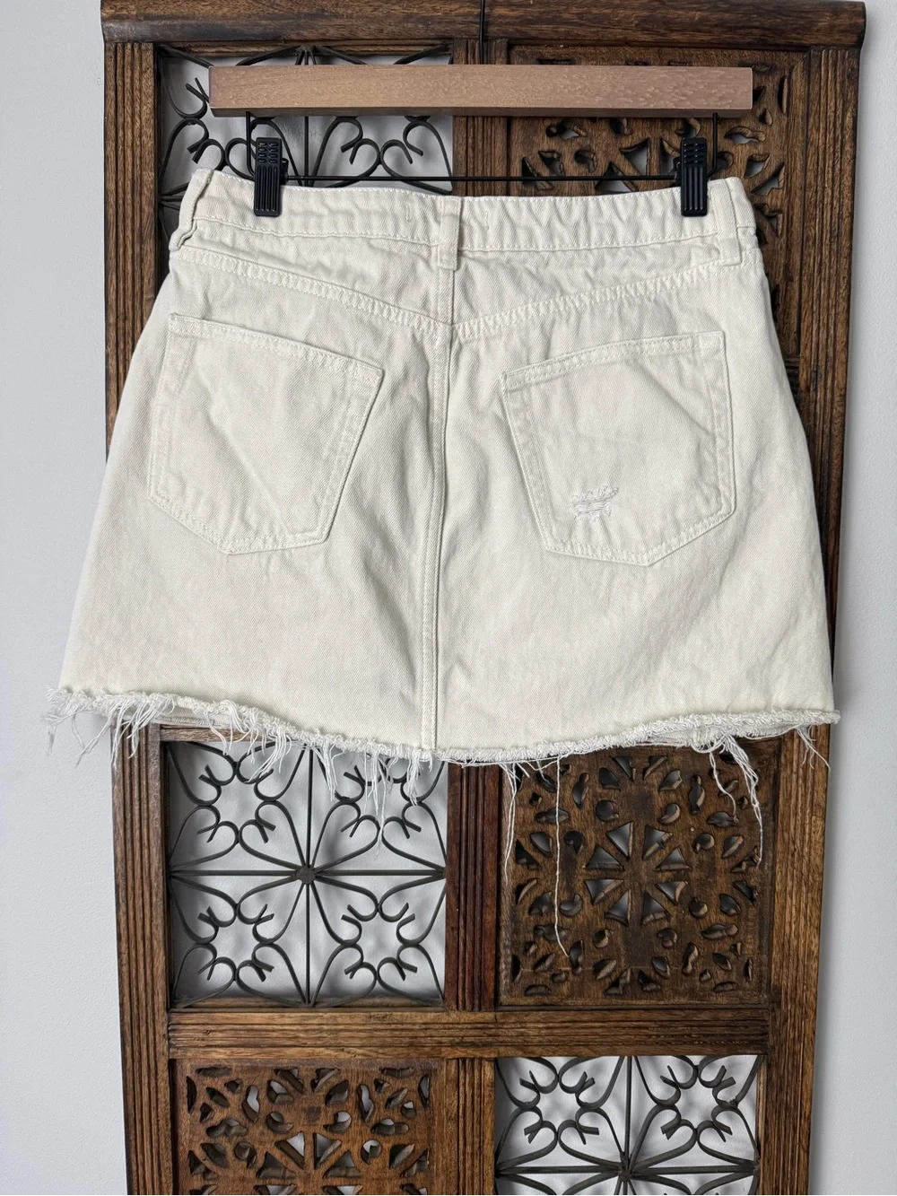 We the Free Cream Distressed Button-Front Denim Mini Skirt